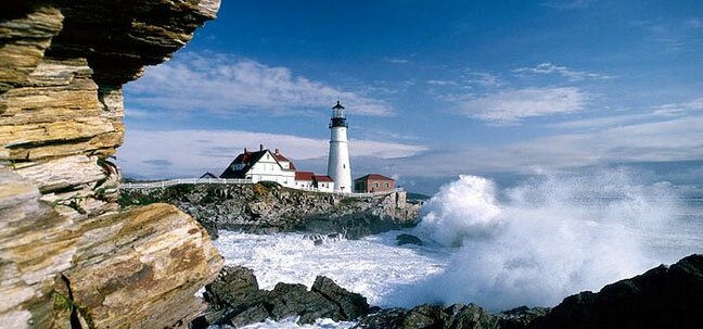 maine lighthouse and waves